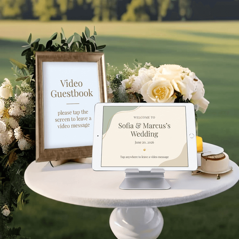 iPad video guestbook at a garden wedding with a leave-a-message sign