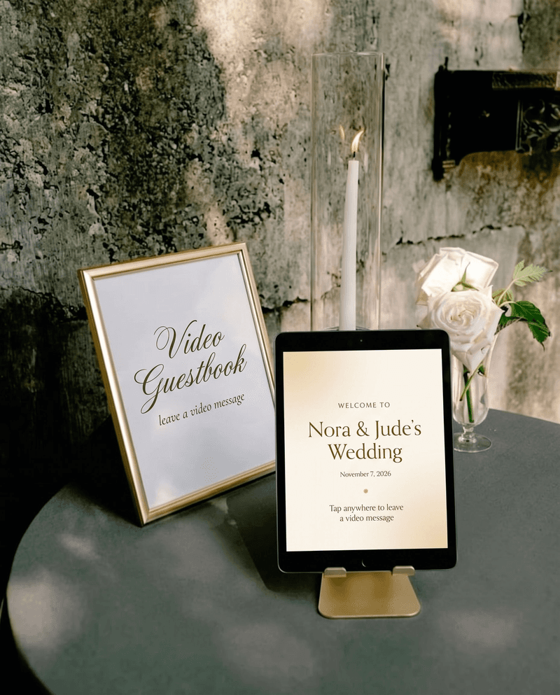 A moody, elegant wedding video guestbook on an iPad